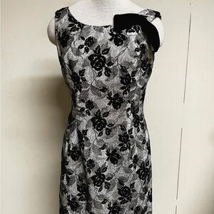 1960s Silver Lamé Flocked Black  Floral Dress
